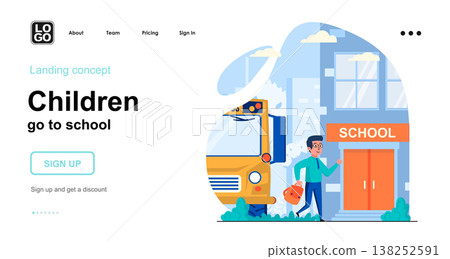 Children go to school web concept. Schoolboy came to school on school bus. Primary education. Template of people scenes. Vector illustration with character activities in flat design for website Children go to school web concept. Schoolboy came to school on school bus. Primary education. Template of people scenes. Vector illustration with character activities in flat design for website 138252591