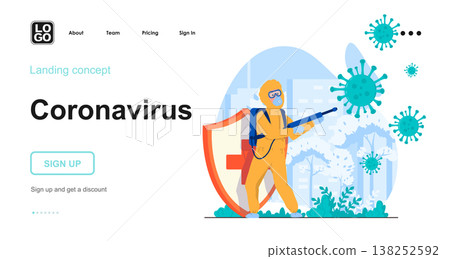 Coronavirus web concept. Medic in protective suit disinfect, fighting virus. Stop covid-19 spread. Template of people scenes. Vector illustration with character activities in flat design for website Coronavirus web concept. Medic in protective suit disinfect, fighting virus. Stop covid-19 spread. Template of people scenes. Vector illustration with character activities in flat design for website 138252592