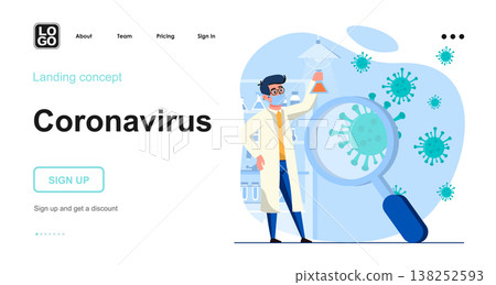 Coronavirus web concept. Scientist research virus, test in laboratory, creates vaccine or medicine. Template of people scenes. Vector illustration with character activities in flat design for website Coronavirus web concept. Scientist research virus, test in laboratory, creates vaccine or medicine. Template of people scenes. Vector illustration with character activities in flat design for website 138252593