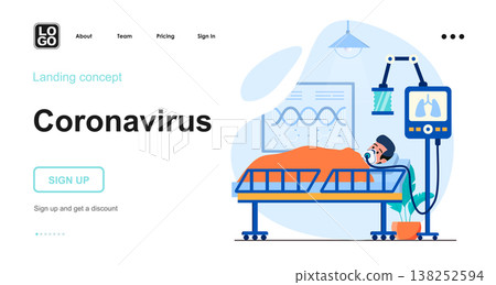 Coronavirus web concept. Man with symptoms lies under artificial lung ventilation in hospital ward. Template of people scenes. Vector illustration with character activities in flat design for website Coronavirus web concept. Man with symptoms lies under artificial lung ventilation in hospital ward. Template of people scenes. Vector illustration with character activities in flat design for website 138252594
