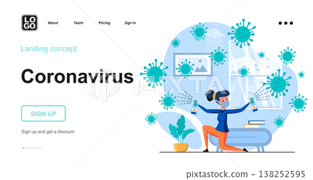 Coronavirus web concept. Woman in protective mask disinfects room at home. Stop spread of covid-19. Template of people scenes. Vector illustration with character activities in flat design for website 138252595