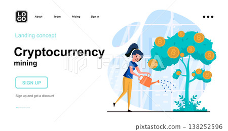 Cryptocurrency mining web concept. Woman watering money tree with bitcoins. Investment tools. Template of people scene. Vector illustration with character activities in flat design for website Cryptocurrency mining web concept. Woman watering money tree with bitcoins. Investment tools. Template of people scene. Vector illustration with character activities in flat design for website 138252596