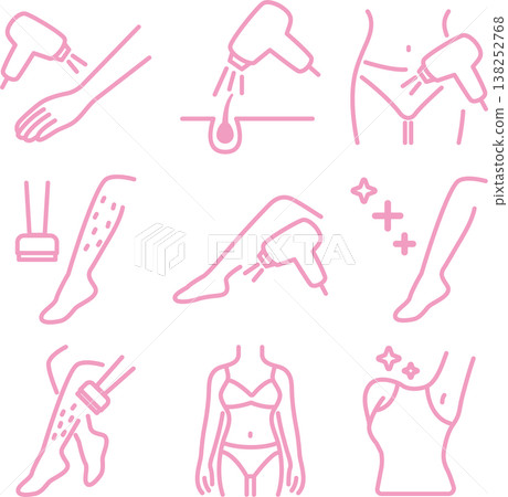 全身除毛：圖示展示了手臂、腿部、腋下和VIO區域（比基尼線）的除毛療程。向量圖。 138252768