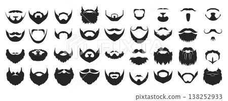 Beards and mustaches mega set in flat graphic design. Bundle elements of male facial hairstyles black silhouettes for barbershop models and hipster portraits. Vector illustration isolated objects Beards and mustaches mega set in flat graphic design. Bundle elements of male facial hairstyles black silhouettes for barbershop models and hipster portraits. Vector illustration isolated objects 138252933