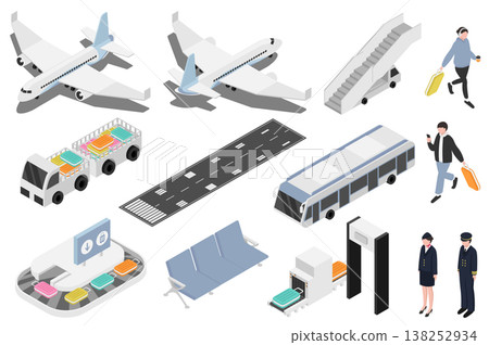 Airport isometric elements constructor mega set. Creator kit with flat graphic airplanes, security control, baggage line, seats in waiting room, passengers. Vector illustration in 3d isometry design Airport isometric elements constructor mega set. Creator kit with flat graphic airplanes, security control, baggage line, seats in waiting room, passengers. Vector illustration in 3d isometry design 138252934