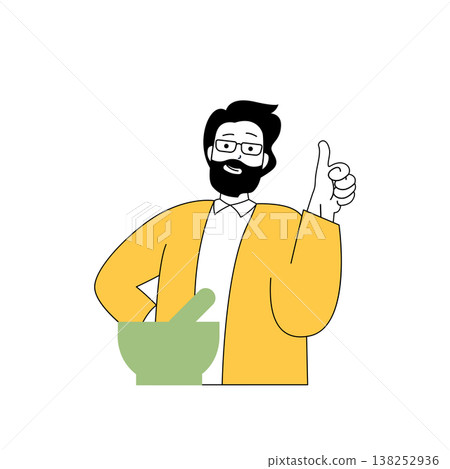 Beauty salon concept with cartoon people in flat design for web. Man making skincare product for moisturizing using mortar and pestle. Vector illustration for social media banner, marketing material. 138252936