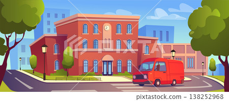 School building with bus background banner for game design. College or university exterior with entrance and windows, car stopping at city street with crosswalk and trees. Vector cartoon illustration School building with bus background banner for game design. College or university exterior with entrance and windows, car stopping at city street with crosswalk and trees. Vector cartoon illustration 138252968