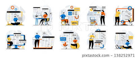 Software development web concept with people scenes mega set in flat design. Bundle of character situations with program and apps creating, engineering and optimization products. Vector illustrations. 138252971