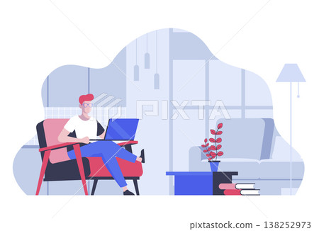 Freelancer at home concept with cartoon people in flat design for web. Remote worker doing tasks at laptop from comfy condition office. Vector illustration for social media banner, marketing material. Freelancer at home concept with cartoon people in flat design for web. Remote worker doing tasks at laptop from comfy condition office. Vector illustration for social media banner, marketing material. 138252973