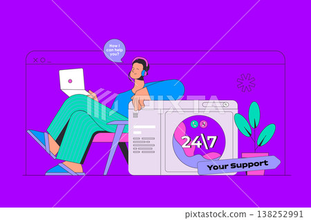 Online support concept in modern flat design for web. Operator answering clients calling, chatting and solving technical problems. Vector illustration for social media banner, marketing material. Online support concept in modern flat design for web. Operator answering clients calling, chatting and solving technical problems. Vector illustration for social media banner, marketing material. 138252991
