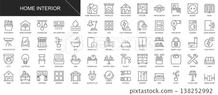 Home interior web icons set in thin line design. Pack of desktop, book, stationery, chandelier, lamp, shower, laundry, door, dresser, electricity, other outline stroke pictograms. Vector illustration. 138252992