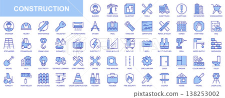 Construction web icons set in duotone outline stroke design. Pack pictograms with builder, tower crane, blueprint, tool, dump truck, skyscraper, wheelbarrow, engineer, house, key. Vector illustration. Construction web icons set in duotone outline stroke design. Pack pictograms with builder, tower crane, blueprint, tool, dump truck, skyscraper, wheelbarrow, engineer, house, key. Vector illustration. 138253002