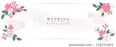 Wedding horizontal web banner. Abstract pink flowers and bouquets with decoration ribbon. Pastel elegant marriage invitation. Vector illustration for header website, cover templates in modern design Wedding horizontal web banner. Abstract pink flowers and bouquets with decoration ribbon. Pastel elegant marriage invitation. Vector illustration for header website, cover templates in modern design 138253003