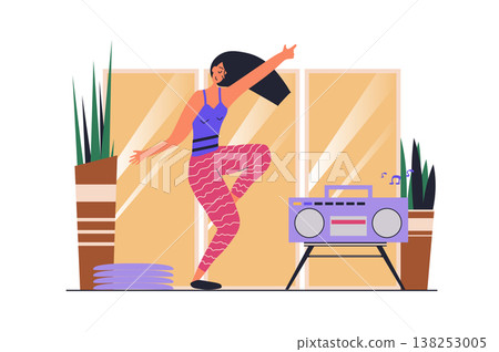 Dancing web concept with people scene in flat design. Woman training modern dance in studio class, moving and listening music at record player. Vector illustration with character situation for web Dancing web concept with people scene in flat design. Woman training modern dance in studio class, moving and listening music at record player. Vector illustration with character situation for web 138253005