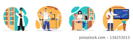 Laboratory concept with people scenes set in flat web design. Bundle of character situations with scientists experimenting and making scientific tests or medical analysis in lab. Vector illustrations. 138253013