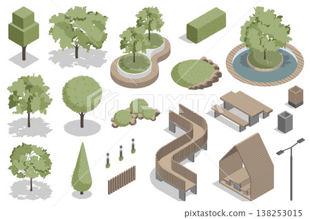 Green park isometric elements constructor mega set. Creator kit with flat graphic trees and bushes for landscaping, wooden benches, fence, lantern, trash bin. Vector illustration in 3d isometry design Green park isometric elements constructor mega set. Creator kit with flat graphic trees and bushes for landscaping, wooden benches, fence, lantern, trash bin. Vector illustration in 3d isometry design 138253015