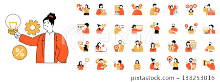 Business and finance concept with character situations mega set in flat web design. Bundle of scenes people creating project, planning tasks, making financial audit, marketing. Vector illustrations. 138253016