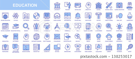 Education web icons set in duotone outline stroke design. Pack pictograms with university, teacher, school, creativity, wisdom, online course, e-learning, video tutorial, library. Vector illustration. Education web icons set in duotone outline stroke design. Pack pictograms with university, teacher, school, creativity, wisdom, online course, e-learning, video tutorial, library. Vector illustration. 138253017