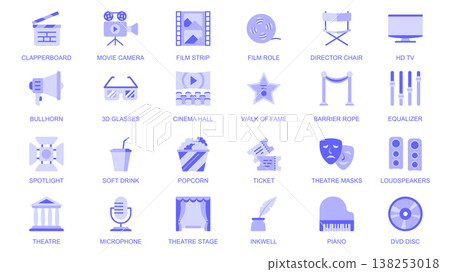 Entertainment web icons set in duotone flat design. Pack pictograms with clapperboard, movie, camera, film strip, role, director chair, tv, bullhorn, 3d glasses, cinema, other. Vector illustration. 138253018