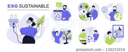 ESG sustainable concept set for web design. Collection with people doing eco friendly businesses with circular economy and waste recycling. Flat vector illustration isolated on white background. 138253019