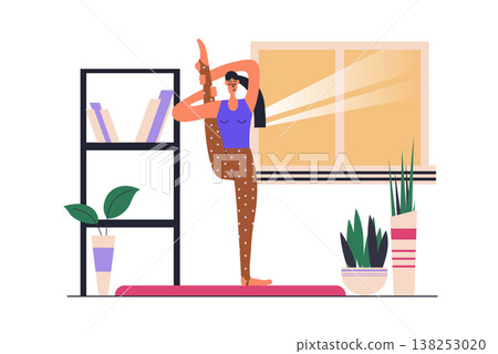Yoga practice web concept with people scene in flat design. Flexibility woman standing in training position and improves body health at home. Vector illustration with character situation for web 138253020