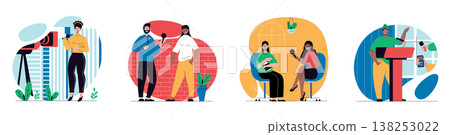 Journalism concept with people scenes set in flat web design. Bundle of character situations with reporters and journalists with microphones works in mass media, news tv shows. Vector illustrations. Journalism concept with people scenes set in flat web design. Bundle of character situations with reporters and journalists with microphones works in mass media, news tv shows. Vector illustrations. 138253022