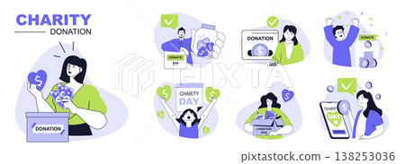 Charity donation concept set for web design. Collection with people putting coins in donation box, sending money in apps, sharing hope and help. Flat vector illustration isolated on white background. Charity donation concept set for web design. Collection with people putting coins in donation box, sending money in apps, sharing hope and help. Flat vector illustration isolated on white background. 138253036