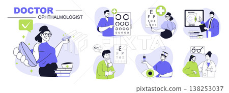 Doctor ophthalmologist concept set for web design. Collection with people visiting eye clinic for eyesight tests, get lens or glasses correction. Flat vector illustration isolated on white background. Doctor ophthalmologist concept set for web design. Collection with people visiting eye clinic for eyesight tests, get lens or glasses correction. Flat vector illustration isolated on white background. 138253037