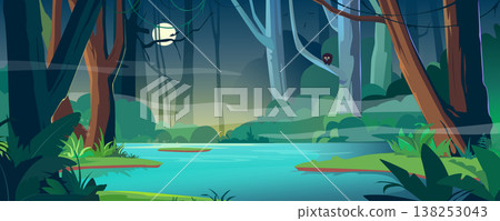 Tropical night jungle with river background banner in cartoon design. Wildlife rainforest with misty, moon, lianas and bird on trees, lush bushes and fern, blue water pond. Vector cartoon illustration 138253043