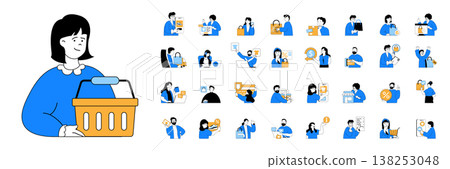 Shopping concept with character situations mega set in flat web design. Bundle of scenes people making purchases in app, ordering and paying online, buying products at store. Vector illustrations. 138253048