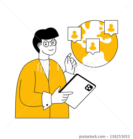 Digital business concept with cartoon people in flat design for web. Man developing e-business shop and using global delivery service. Vector illustration for social media banner, marketing material. 138253053