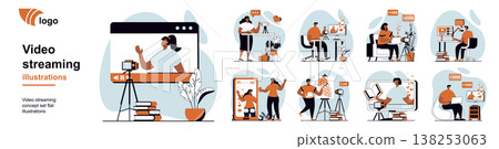 Video streaming concept with people scenes mega set in flat web design. Bundle of character situation with bloggers broadcast online, record podcasts, blog content creation. Vector illustrations. Video streaming concept with people scenes mega set in flat web design. Bundle of character situation with bloggers broadcast online, record podcasts, blog content creation. Vector illustrations. 138253063