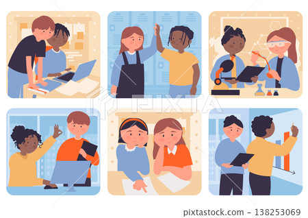 Teamwork concept with people situation set in flat web design. Bundle scenes with multiethnic diverse characters work together, students learning, classmates doing homework. Vector illustrations. Teamwork concept with people situation set in flat web design. Bundle scenes with multiethnic diverse characters work together, students learning, classmates doing homework. Vector illustrations. 138253069