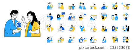 Design development concept with character situations mega set in flat web design. Bundle of scenes people programming software and creating layouts, making digital content. Vector illustrations. 138253078