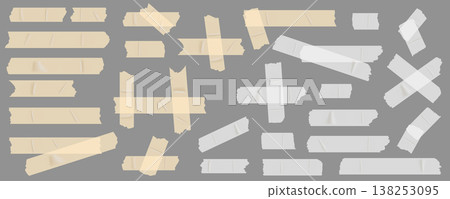 Sticky tapes mega set in flat graphic design. Bundle elements of yellow and white glue duct tapes with ripped edges, realistic adhesive scotch, torn stickers. Vector illustration isolated objects 138253095