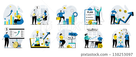Business making web concept with people scenes mega set in flat design. Bundle of character situations with data marketing research, making plan presentation, strategy creating. Vector illustrations. 138253097