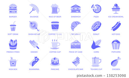 Fast food web icons set in duotone flat design. Pack pictograms with burger, sausage, beer, sandwich, pizza, ice cream, soft drink, kebab, coffee, croissant, donut, cake, other. Vector illustration. Fast food web icons set in duotone flat design. Pack pictograms with burger, sausage, beer, sandwich, pizza, ice cream, soft drink, kebab, coffee, croissant, donut, cake, other. Vector illustration. 138253098