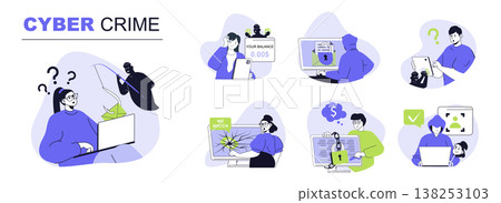 Cyber crime concept set for web design. Collection with people suffering from stealing data, hacking credit cards, phishing and hackers attacks. Flat vector illustration isolated on white background. 138253103
