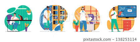 Chemical laboratory concept with people scenes set in flat web design. Bundle of character situations with scientists making chemistry experiments, medical or genetic tests. Vector illustrations. 138253114