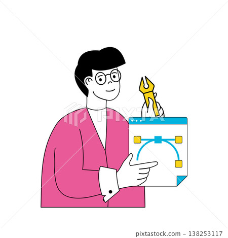 Design development concept with cartoon people in flat design for web. Man creating graphic elements, using drawing tools and settings. Vector illustration for social media banner, marketing material. Design development concept with cartoon people in flat design for web. Man creating graphic elements, using drawing tools and settings. Vector illustration for social media banner, marketing material. 138253117
