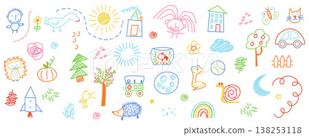 Cute kid scribble mega set in flat graphic design. Bundle elements of childish crayon doodle drawings with animals, characters, sun, trees, houses, rainbow, other. Vector illustration isolated objects Cute kid scribble mega set in flat graphic design. Bundle elements of childish crayon doodle drawings with animals, characters, sun, trees, houses, rainbow, other. Vector illustration isolated objects 138253118