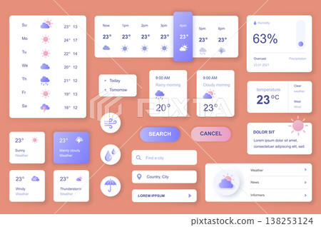 User interface elements set for Weather mobile app or web. Kit template with HUD, forecast today and tomorrow, humidity, temperature, meteorology information. Pack of UI, UX, GUI. Vector components. User interface elements set for Weather mobile app or web. Kit template with HUD, forecast today and tomorrow, humidity, temperature, meteorology information. Pack of UI, UX, GUI. Vector components. 138253124