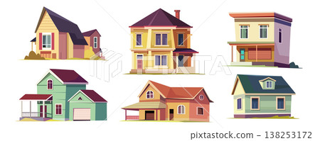 Town building mega set in cartoon graphic design. Bundle elements of different types of suburban houses, bungalow and cottages, suburb residential real estate. Vector illustration isolated objects 138253172