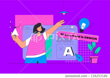 Web design concept in modern flat design. Woman creating wireframe interface and responsive homepage, editing template with content. Vector illustration for social media banner, marketing material. 138253180