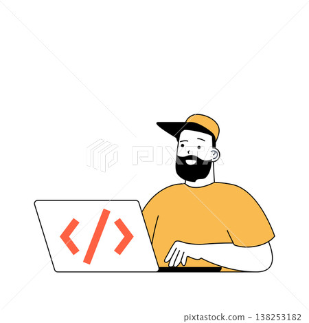 Programming concept with cartoon people in flat design for web. Man coding and engineering software, creating scripts and algorithms. Vector illustration for social media banner, marketing material. 138253182
