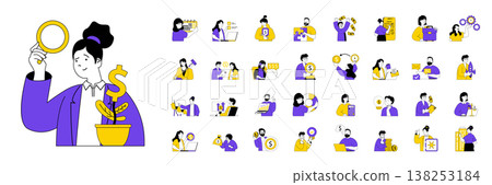 Business concept with character situations mega set in flat web design. Bundle of scenes people planning strategy, make investments, brainstorming, earning money in company. Vector illustrations. Business concept with character situations mega set in flat web design. Bundle of scenes people planning strategy, make investments, brainstorming, earning money in company. Vector illustrations. 138253184