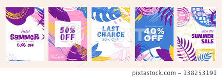 Summer sale cover brochure set in trendy flat design. Summertime banner templates with abstract frames, brush blots, palm tree leaves, decorative plants, shopping price offers. Vector illustration. Summer sale cover brochure set in trendy flat design. Summertime banner templates with abstract frames, brush blots, palm tree leaves, decorative plants, shopping price offers. Vector illustration. 138253191