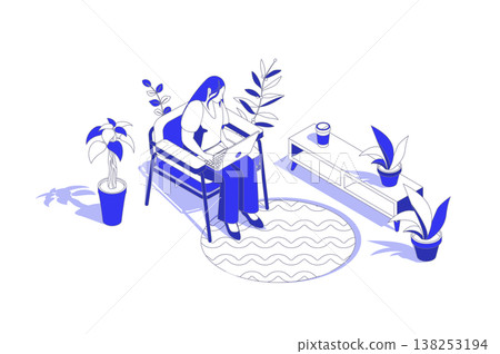 Freelance work 3d isometric concept in isometry graphic design for web. People scene with woman sitting at chair and working at laptop, doing tasks distantly and connect online. Vector illustration. Freelance work 3d isometric concept in isometry graphic design for web. People scene with woman sitting at chair and working at laptop, doing tasks distantly and connect online. Vector illustration. 138253194