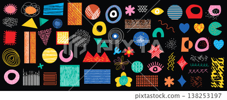Retro geometric doodle shapes mega set in flat graphic design. Collection elements with abstract different types of spots, stars, moons, eyes, hearts, line texture, arrows, other. Vector illustration. 138253197