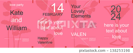 Valentine day modern banner with trendy minimalist typography design. Poster templates with flowers, plants and cocktails glass pink silhouettes and text elements for invitation. Vector illustration. 138253198